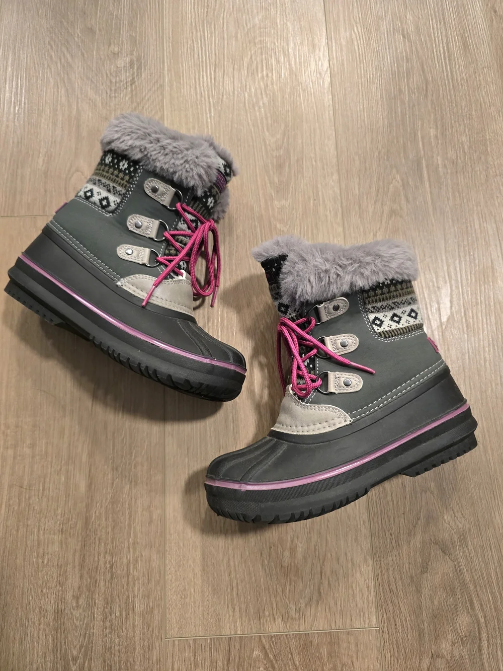London Fog Girls Gray Pink Waterproof Snow Boots Faux Fur NWOT Youth Size 2